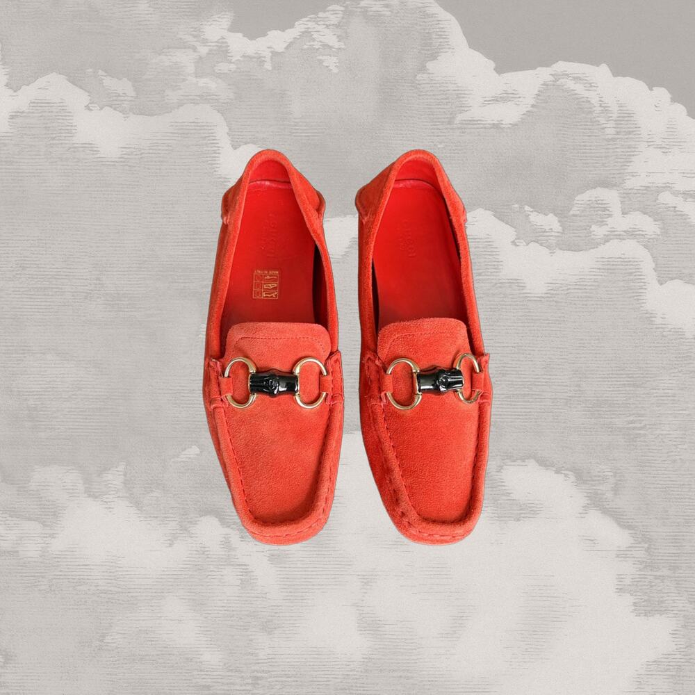 GUCCI Red Suede Bamboo Horsebit Loafers Driving Moccasins Shoes